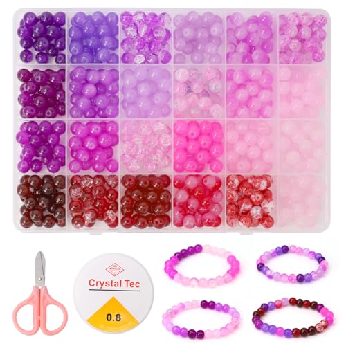 XIMKONTER 8mm Lila Perlen Glasperlen, 520 Stück Glasperlen zum Auffädeln 24 Farben Bunte Perlen Runde Edelstein Perlen mit Loch für Schmuckherstellung und DIY Handwerk Dekor von XIMKONTER