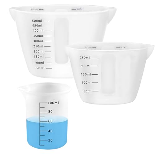 3 Stück Silikon Messbecher Krüge, 500ml/250/100ml Epoxidharz Mischbecher mit Skala Clear, Silicone Measuring Cups für Epoxidharz Gießformen, DIY Handmade, Basteln, Labor, Küche von XIMUHO