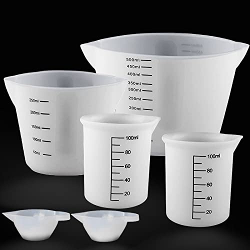 XIMUHO 6 Stück Silikon Messbecher Krüge, Silikonbecher 500ml/250ml/100ml/15ml Epoxidharz Mischbecher mit Skala Clear, Silikon Messbecher Set für Epoxy Resin, DIY, Basteln, Labor von XIMUHO