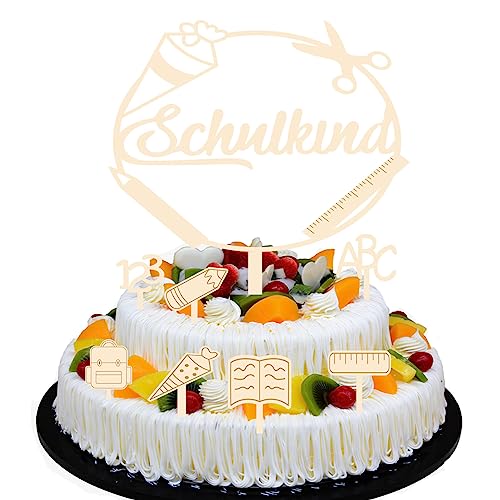 XINCHEN8 Stück EinschulungTortendeko Schulanfang,ABC 123 Holz Tortendeko, Kuchen Dekorationen,Tortendeko SchuleinführungCupcake Torten Topper für Party Deko GeschenkideeJunge Mädchen Kinder (A) von XINCHEN