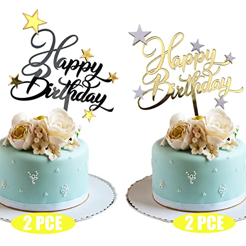 XINCHENG Happy Birthday Tortendeko, Cake Topper Happy Birthday, Acryl Kuchendeko Geburtstag, Tortendeko Geburtstag für Mädchen Junge Kinder(Gold, Schwarz * 2) von XINCHENG