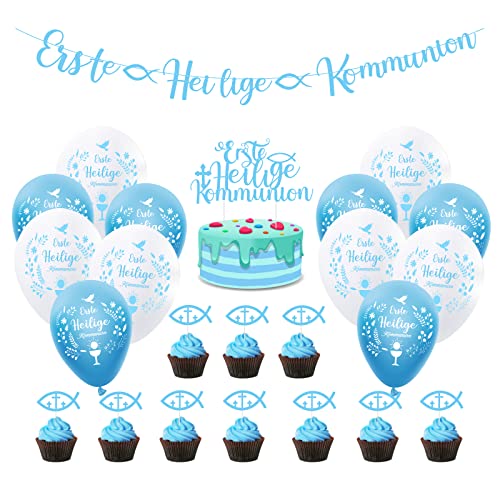 Kommunion Deko Junge, Erste Heilige Kommunion Girlande Glitzer Blau Erstkommunion Deko Banner und Kommunion luftballons, Tortendeko kommunion Tortenaufleger für Konfirmation Taufe Junge Deko von XINDY