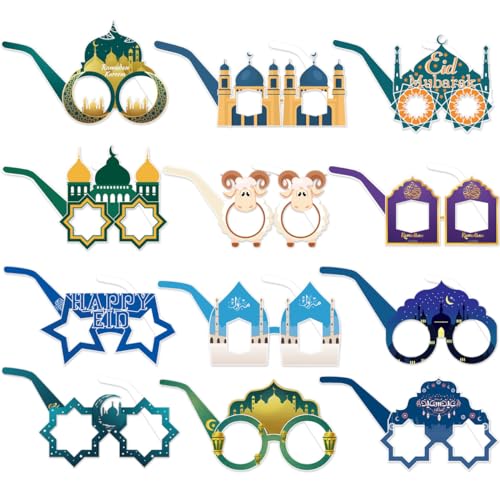 XINDY 12 Stück Eid Mubarak Partybrille, lustige Eid Brillen Foto Requisiten Stern Mond Laterne Moschee Papierbrille für Kinder Erwachsene Islamische Muslimische Party Eid Deko Eid Mubarak Dekoration von XINDY