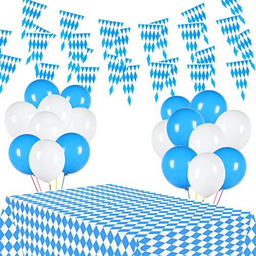 XINDY Oktoberfest Deko Set, Wiesn Deko Oktoberfest Party Dekoration Bayern Deko 10 Meter Oktoberfest wimpelkette Bayrische Girlande + Oktoberfest Tischdecke + Oktoberfest Luftballons weiße und blau von XINDY