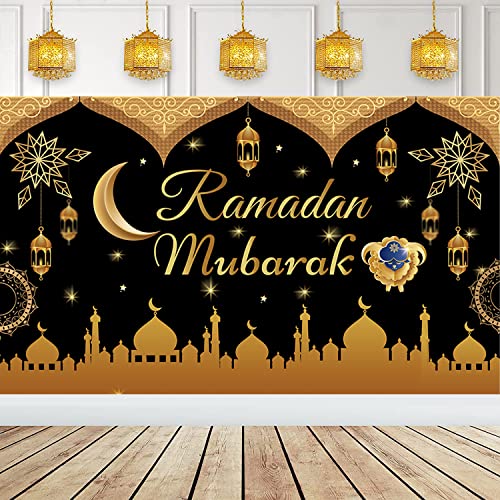 XINDY Ramadan Dekoration Schwarz Gold Extra Große Ramadan Mubarak Banner Ramadan Hintergrund Banner Ramadan Mubarak Dekoration Stoff Schild Poster für Muslim Islamische Party Ramadan Deko, 180x110CM von XINDY