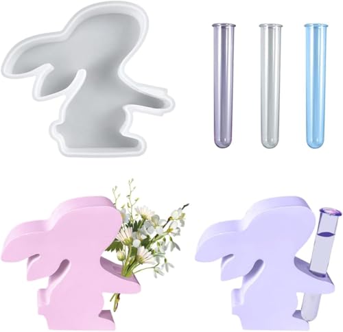 XIANGBEI Gießformen Vase Silikonform Hase mit 3 Reagenzglas, Kaninchen Epoxidharz Formen, Blumenvase Harzform, DIY Propagation Station für Ableger Pflanzen, Ostergeschenke (hase) von XINGBEI