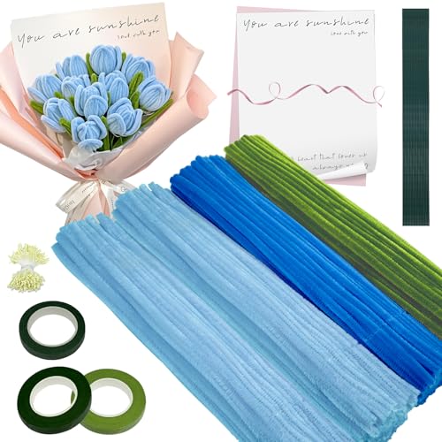 XINGNA Pfeifenreiniger Blumen Set, 300 Stück Pfeifenputzer zum Basteln, Pfeifenreiniger zum Basteln mit 20 Stück Grün Basteldraht, Blumenband, Geschenkpapier, Blütenstempel (Blau) von XINGNA