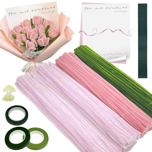XINGNA Pfeifenreiniger Blumen Set, 300 Stück Pfeifenputzer zum Basteln, Pfeifenreiniger zum Basteln mit 20 Stück Grün Basteldraht, Blumenband, Geschenkpapier, Blütenstempel (Rosa) von XINGNA