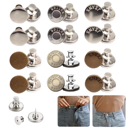 12 Stück Knopfnadeln für Lose Jeans, Sofortiger Ersatz Ohne Nähen und Werkzeuge, Druckknopf-Hosenknopf, Wiederverwendbarer und Einstellbarer Metall-Hosenknopf-Strammer von XINGNIAO