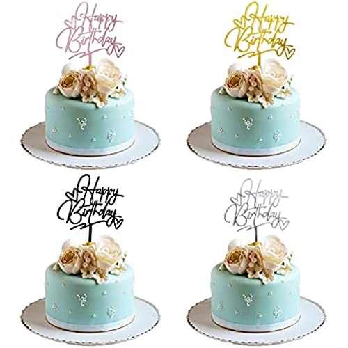 XINGXINLIAN 4 Stück Happy Birthday Tortendeko, Tortendeko Geburtstag, Happy Birthday Cake Topper, Acryl Glitter Kuchendeko Geburtstag(Gold, Rosa, Silber, Schwarz) von XINGXINLIAN