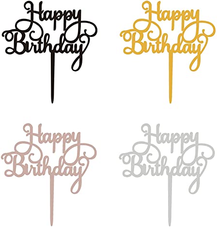 XINGXINLIAN 4 Stück Happy Birthday Tortendeko, Cake Topper Happy Birthday, Tortendeko Geburtstag, Acryl Torten Topper Geburtstag(Gold, Roségold, Silber, Schwarz) von XINGXINLIAN