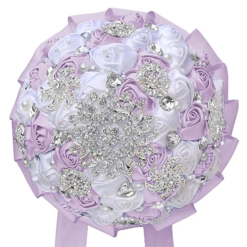 XINNI Luxuriöser Hochzeits-Brautstrauß, künstliche Blumen, mit Kristallstrass, Brautjungfernsträuße, Weiß + Hellviolett, 22 cm von XINNI