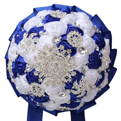 XINNI Luxuriöser Hochzeits-Brautstrauß, künstliche Blumen, mit Kristallstrass, Brautjungfernsträuße, Weiß + Königsblau, 22 cm von XINNI