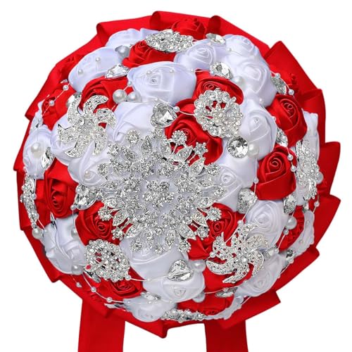 XINNI Luxuriöser Hochzeits-Brautstrauß, künstliche Blumen, mit Kristallstrass, Brautjungfernsträuße, weiß + rot, 22 cm von XINNI
