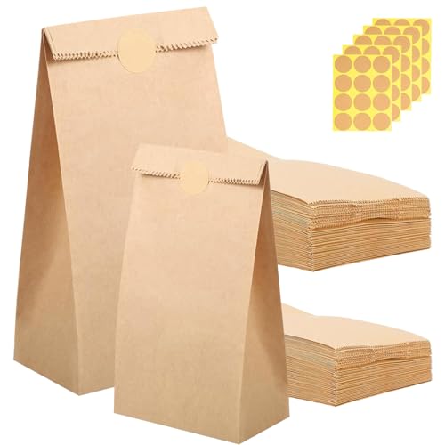 XINOUKJ 50 Stück Kleine Papiertüten Adventskalender, 2 Größen (9×18×5,5 cm + 12×21×7 cm) Braune Kraftpapier Geschenktüten mit Aufklebern, Butterbrottüten& Mitgebseltüten für DIY, Weihnachten, Hochzeit von XINOUKJ