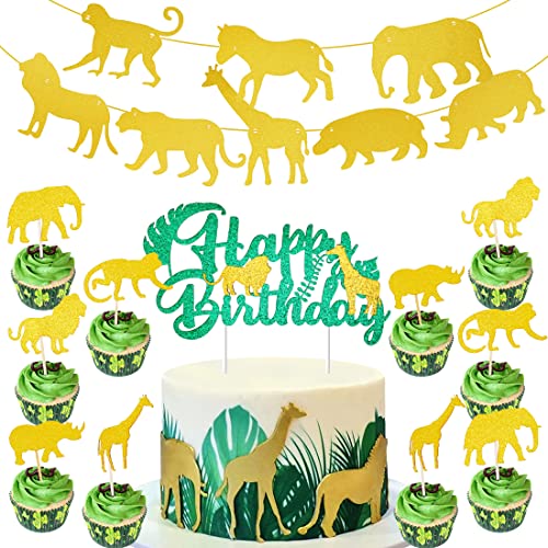 16 Stück Gold Glitter Dschungel Safari Tier Cupcake Topper Dschungel Tiere Kuchen Dekorationen und 1 Stück Dschungel Safari Thema Banner für Dschungel Safari Tiere Party Kuchen Dekoration von Huaxintoys