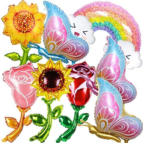 Blumen Bunt Schmetterling Regenbogen Folienballon, Schmetterlings Regenbogen und Blumen Aluminium Folienballons für Sommerparty Kinder Geburtstag Party Baby Shower Dekoration (8 Stücke) von Huaxintoys