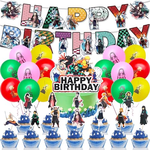 De-mon-Slayer Geburtstag Dekoration, Party Dekorationen Supplies Set, 16 Demon Slayer Latexballon, 1 Geburtstag Banner und 13 Tortenaufsatz für Anime Kindergeburtstag Party Deko von Huaxintoys