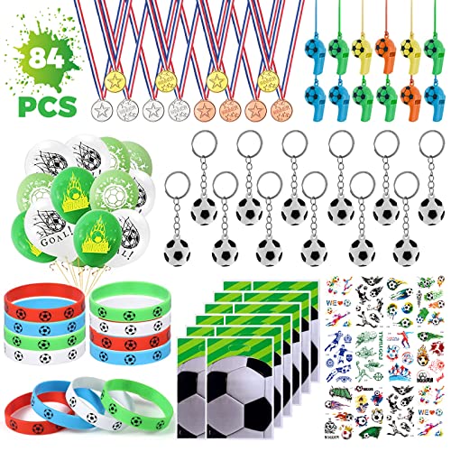 XINRANFF 84pcs Fußball Party Mitgebsel Kindergeburtstag Junge, WM-Fußball Dekorations Zubehör mit Luftballon Armband Medaillen Trillerpfeife Schlüsselanhänger Tattoo, Fussball Geschenke Junge von XINRANFF