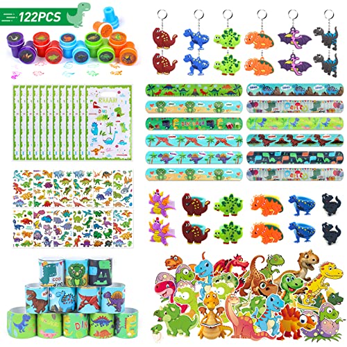 122pcs Dinosaurier Party Mitgebsel Kindergeburtstag Jungen, Dino Geburtstag Deko Schlüsselanhänger Dino Armbänder Ringe Aufkleber Tattoo, Dino Mitgebsel Geschenktüte Taschen für Party Zubehör Deko von XINRANFF