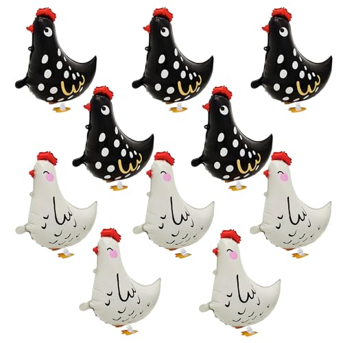 10 Stück Folienballon Henne, Helium Huhn Folienballon, Hühnerluftballons, Huhn Tiere Luftballons für Bauernhof Kinder, Ostern, für Kinder Geburtstag Party Deko(Schwarz, Weiß) von XINSUO