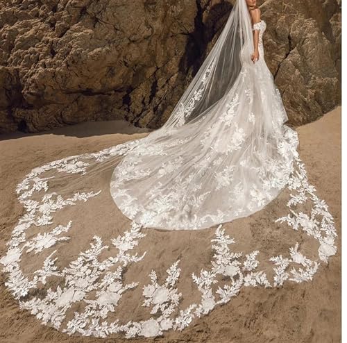 XINTAOSM Brautschleier,Brautschleier,Hochzeit Accessoires Eleganter Langer Hochzeitsschleier mit Kamm, weicher Tüll, gewellte Spitze, floraler Brautschleier(Color:Ivory,Size:400cm) von XINTAOSM