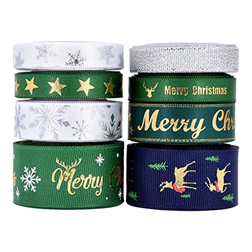 Geschenkband mit 8 Mustern, Weihnachtsband, bedrucktes Ripsband für Geschenkverpackungen, Hochzeitsdekoration, Haarschleifen, Weihnachtsbänder zum Basteln von XINgjyxzk