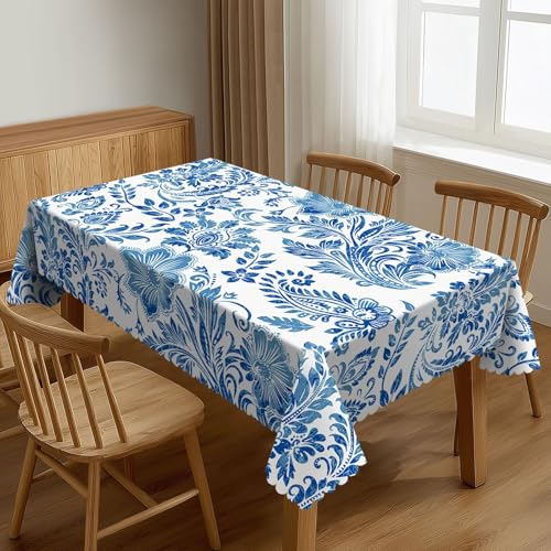 XIOURERY Dekorative Tischdecke mit ethnischen Motiven, für Esstisch, blaue Blume, waschbar, gewellter Rand, Tischdecke für Zuhause, Restaurant, Party, Party, 137 x 183 cm von XIOURERY