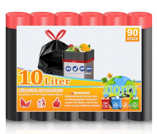 XIQIYY Müllbeutel 10L mit Zugband Kleine Müllsäcke Schwarz Mülltüten mit Tragegriff 90 Stück Blickdicht Abfallbeutel mit Kordelzug,für Büro,Wohnzimmer,Geeignet für 5L,8L,12L,15 Liter Mülleime von XIQIYY