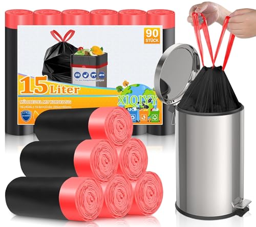 XIQIYY Müllbeutel 15L mit Zugband Schwarz Müllsäcke 90 Stück Mülltüten mit Tragegriff Abfallbeutel XIQIYY Müllbeutel 15L mit Zugband Schwarz Müllsäcke 90 Stück Mülltüten mit Tragegriff Abfallbeutel von XIQIYY
