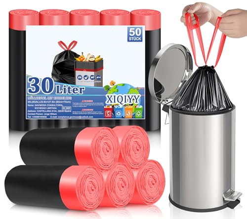 XIQIYY Schwarze Müllbeutel mit Kordelzug, 30 l, 50 Stück, starke Müllsäcke mit Bindeband, strapazierfähig, dick, auslaufsicher, für Küche, Büro, Zuhause, passend für 25 l - 30 Liter Treteimer XIQIYY Schwarze Müllbeutel mit Kordelzug, 30 l, 50 Stück, starke Müllsäcke mit Bindeband, strapazierfähig, dick, auslaufsicher, für Küche, Büro, Zuhause, passend für 25 l - 30 Liter Treteimer von XIQIYY