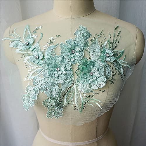 Mintgrüner 3D-Blume-Blatt-Spitzenstoff mit Pailletten, Strasssteinen, besticktes Kleid, Applikationen, Kragen, Netz, zum Aufnähen für Hochzeitsdekoration von XIUPO