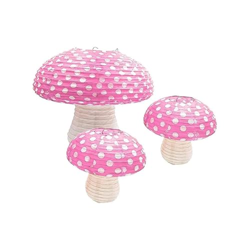 3 Stück große (1P x 12 Zoll) XS-kleine (2 Stück x 8 Zoll) Pilz-Papierlaternen for die Dekoration von Geburtstagspartys mit Dschungel-Wunderland-Motto, 3D-Pilz-Ornament für Hochzeiten, Partys(Pink) von XIUsheUA
