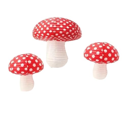 3 Stück große (1P x 12 Zoll) XS-kleine (2 Stück x 8 Zoll) Pilz-Papierlaternen for die Dekoration von Geburtstagspartys mit Dschungel-Wunderland-Motto, 3D-Pilz-Ornament für Hochzeiten, Partys(Red) von XIUsheUA