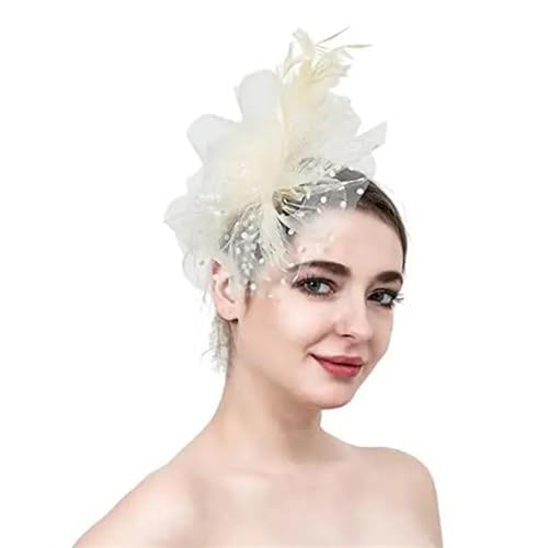 XIUsheUA Fascinator-Hut aus Netzstoff, mit Federn und Blumendekor, for Hochzeiten, Kopfbedeckungen mit Kunstperlen, Haarschmuck for Braut für Hochzeit, Teeparty(Beige) von XIUsheUA