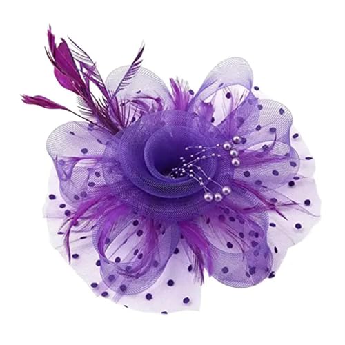 XIUsheUA Fascinator-Hut aus Netzstoff, mit Federn und Blumendekor, for Hochzeiten, Kopfbedeckungen mit Kunstperlen, Haarschmuck for Braut für Hochzeit, Teeparty(Purple) von XIUsheUA