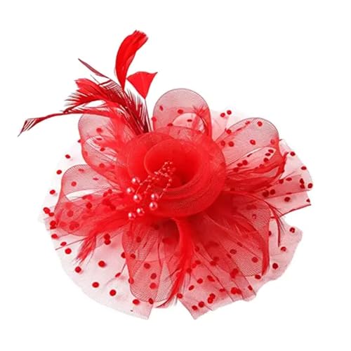 XIUsheUA Fascinator-Hut aus Netzstoff, mit Federn und Blumendekor, for Hochzeiten, Kopfbedeckungen mit Kunstperlen, Haarschmuck for Braut für Hochzeit, Teeparty(Red) von XIUsheUA