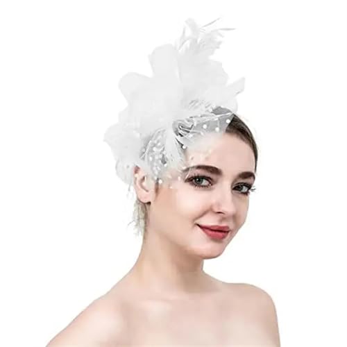 XIUsheUA Fascinator-Hut aus Netzstoff, mit Federn und Blumendekor, for Hochzeiten, Kopfbedeckungen mit Kunstperlen, Haarschmuck for Braut für Hochzeit, Teeparty(White) von XIUsheUA