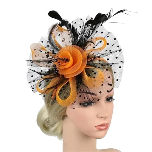 XIUsheUA Fascinator-Hut for Frauen, Teeparty, Stirnband, Hochzeit, Cocktail, Netzstoff, Blumen, Federn, Haarspange für Hochzeit, Teeparty(Black orange) von XIUsheUA