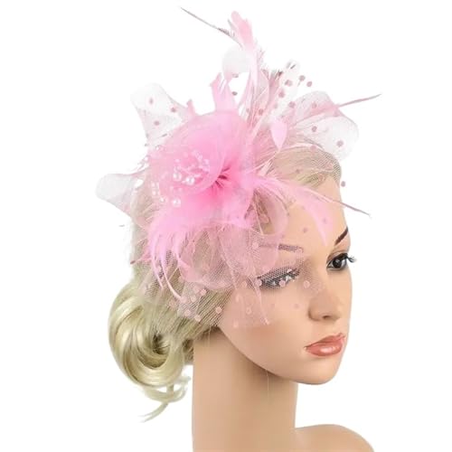 XIUsheUA Fascinator-Hut for Frauen, Teeparty, Stirnband, Hochzeit, Cocktail, Netzstoff, Blumen, Federn, Haarspange für Hochzeit, Teeparty(Pink) von XIUsheUA