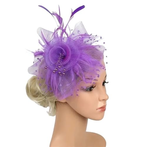 XIUsheUA Fascinator-Hut for Frauen, Teeparty, Stirnband, Hochzeit, Cocktail, Netzstoff, Blumen, Federn, Haarspange für Hochzeit, Teeparty(Purple) von XIUsheUA