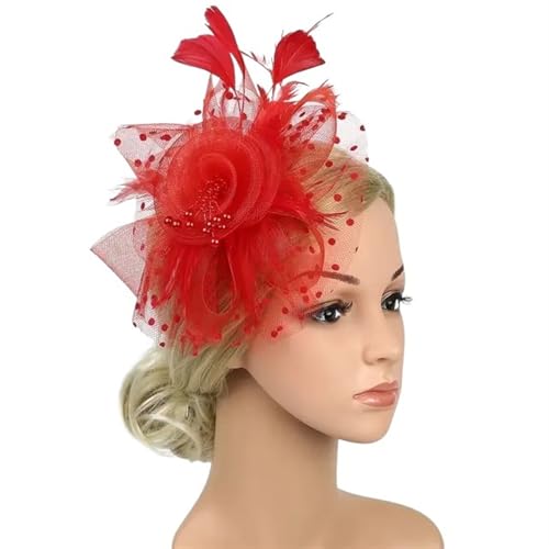 XIUsheUA Fascinator-Hut for Frauen, Teeparty, Stirnband, Hochzeit, Cocktail, Netzstoff, Blumen, Federn, Haarspange für Hochzeit, Teeparty(Red) von XIUsheUA