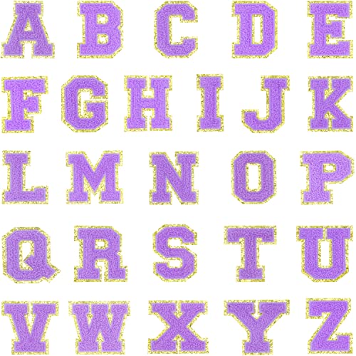 Buchstaben-Patches für Rucksäcke, Chenille, englische Buchstaben A-Z, zum Aufbügeln, Reparaturflicken, Alphabet, Nähapplikationen, mit goldenem Glitzerrand, selbstklebende Rückseite (lila A-Z) von XIWENQUKU