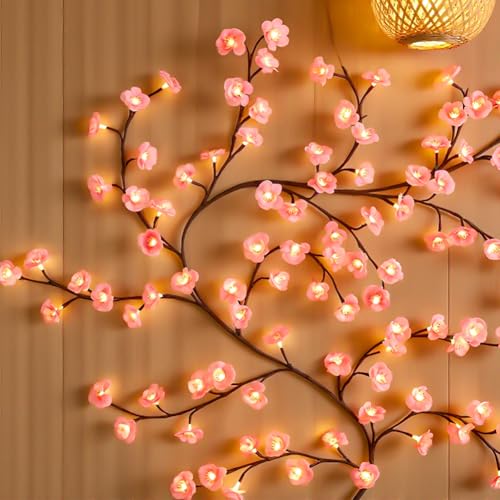 LED Kirschblüten Zweige Lichter, 1.8m 96 LEDs Kirschblüten Wand Deko mit Fernbedienung, 8 Modi Warmweiss Rattan Lichterkette Wanddeko für Schlafzimmer Wohnzimmer Wedding Raum Deko Valentinstag von XJJAUGKLY