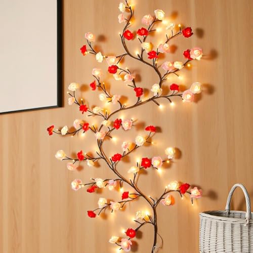 XJJAUGKLY LED Rose Zweige Lichter, 1.8m 96 LEDs Kirschblüten Wand Deko mit Fernbedienung, 8 Modi Warmweiss Rattan Lichterkette Wanddeko für Schlafzimmer Wohnzimmer Wedding Raum Deko Valentinstag von XJJAUGKLY