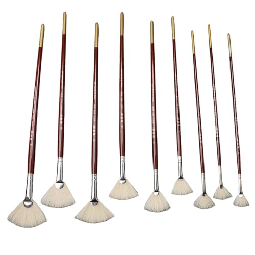 Künstlerlüfterfarbe Pinsel Set | 9pcs Lüfterpinsel für Malerei, mittlere steife Schweine Borstenborstenpinsel für Acryl, Öl, Aquarell und Gouache -Farbe von XJKLBYQ