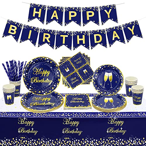 107 PCS Blau und Gold Party Zubehör - Geburtstag Banner, Blau Geburtstag Teller, Servietten, Tassen und Tischdecke für Baby-Dusche, Geburtstag, Hochzeit Party-Dekorationen, servieren 20 Gäste von XJLANTTE