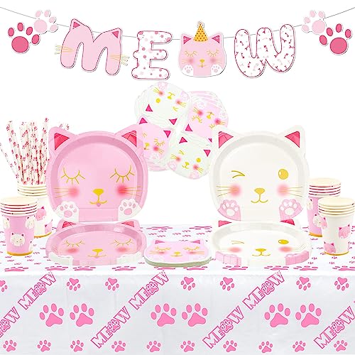 XJLANTTE 107 PCS Katzengeburtstags-Party-Zubehör - Kätzchen-Meow-Banner, Katzen-Pappteller, Servietten, Tassen und Tischdecke für Mädchen-Haustier-Katzen-Party-Dekorationen, für 20 Gäste von XJLANTTE