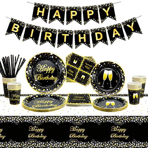 XJLANTTE 107 PCS Partyzubehör in Schwarz und Gold – Goldenes Geburtstagsbanner, Pappteller, Servietten, Tassen und Tischdecke für Abschlussfeier, Geburtstag, Hochzeitsfeierdekorationen, für 20 Gäste XJLANTTE 107 PCS Partyzubehör in Schwarz und Gold – Goldenes Geburtstagsbanner, Pappteller, Servietten, Tassen und Tischdecke für Abschlussfeier, Geburtstag, Hochzeitsfeierdekorationen, für 20 Gäste von XJLANTTE