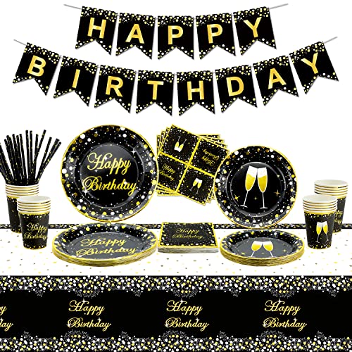 107 PCS Partyzubehör in Schwarz und Gold – Goldenes Geburtstagsbanner, Pappteller, Servietten, Tassen und Tischdecke für Abschlussfeier, Geburtstag, Hochzeitsfeierdekorationen, für 20 Gäste von XJLANTTE